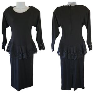 VTG Jon Wesley Black Peplum Bodice LS Midi Dress Sz 10 Fairy Whimsogoth Retro